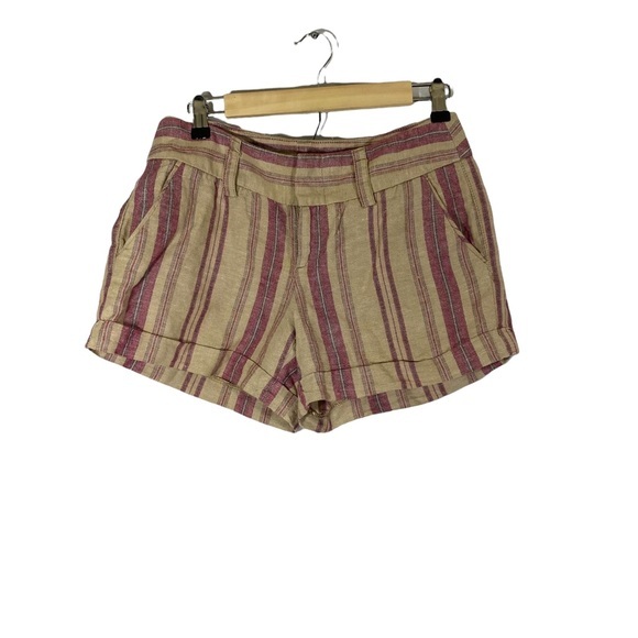LOFT Pants - Loft Linen Blend Cuffed Shorts Tan Pink‎ Stripe Pockets Size 2